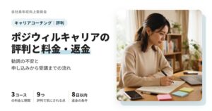 ポジウィルキャリアの3コースの料金・返金の条件と、評判で気にされる9つの点をまとめた記事のアイキャッチ